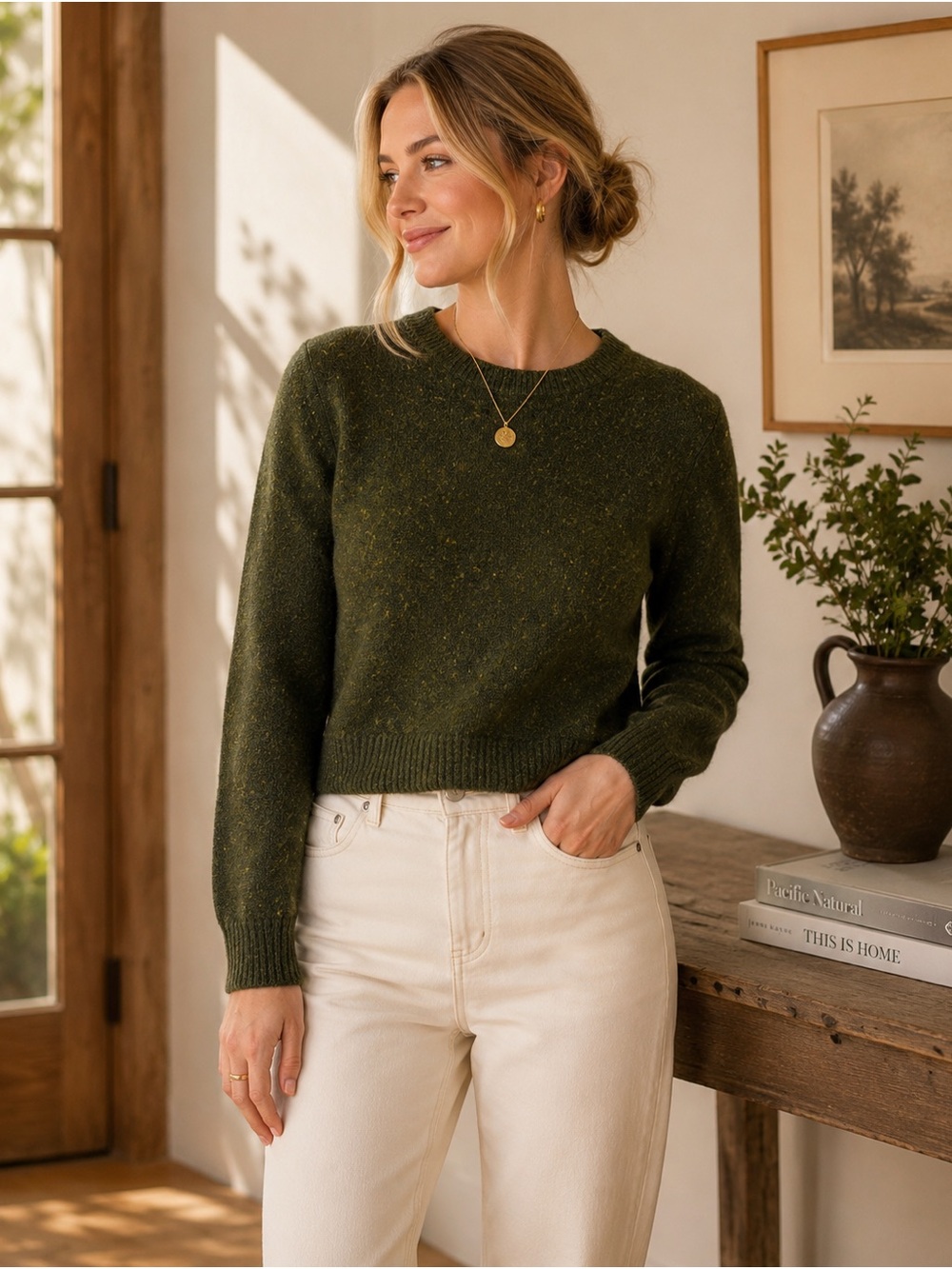 J.Crew Teddie Olive Green Marled Wool Blend Cropped Sweater Small Preppy Fall